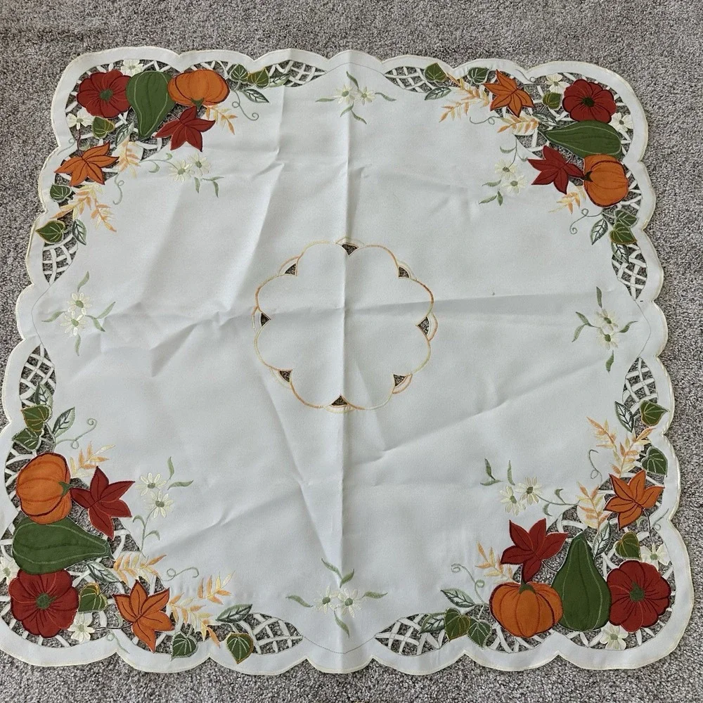 Vintage Fall Autumn Theme Cutwork Embroidered Tablecloth Square 33